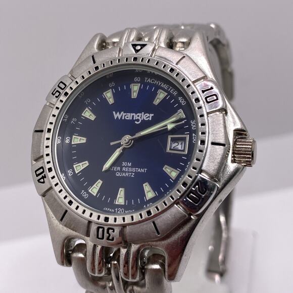 Wrangler Accessories - Wrangler Mens Hero Watch Rotating Bezel Silver Watch New Battery Blue Dial